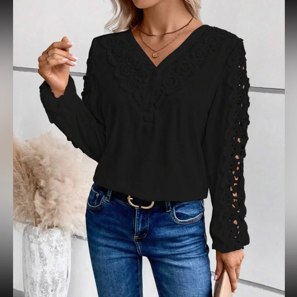 Luxe lace detail V neck blouse